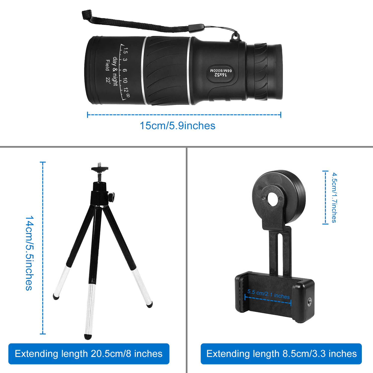 AOBETAK 16x52 Monocular Telescope, High Power Spotting Scopes Equipped With Phone Adaptor and Tripod, Low Light Night Vision Binoculars or Adults Kids Bird Watching Traveling, Outdoors 98m/ 8000m