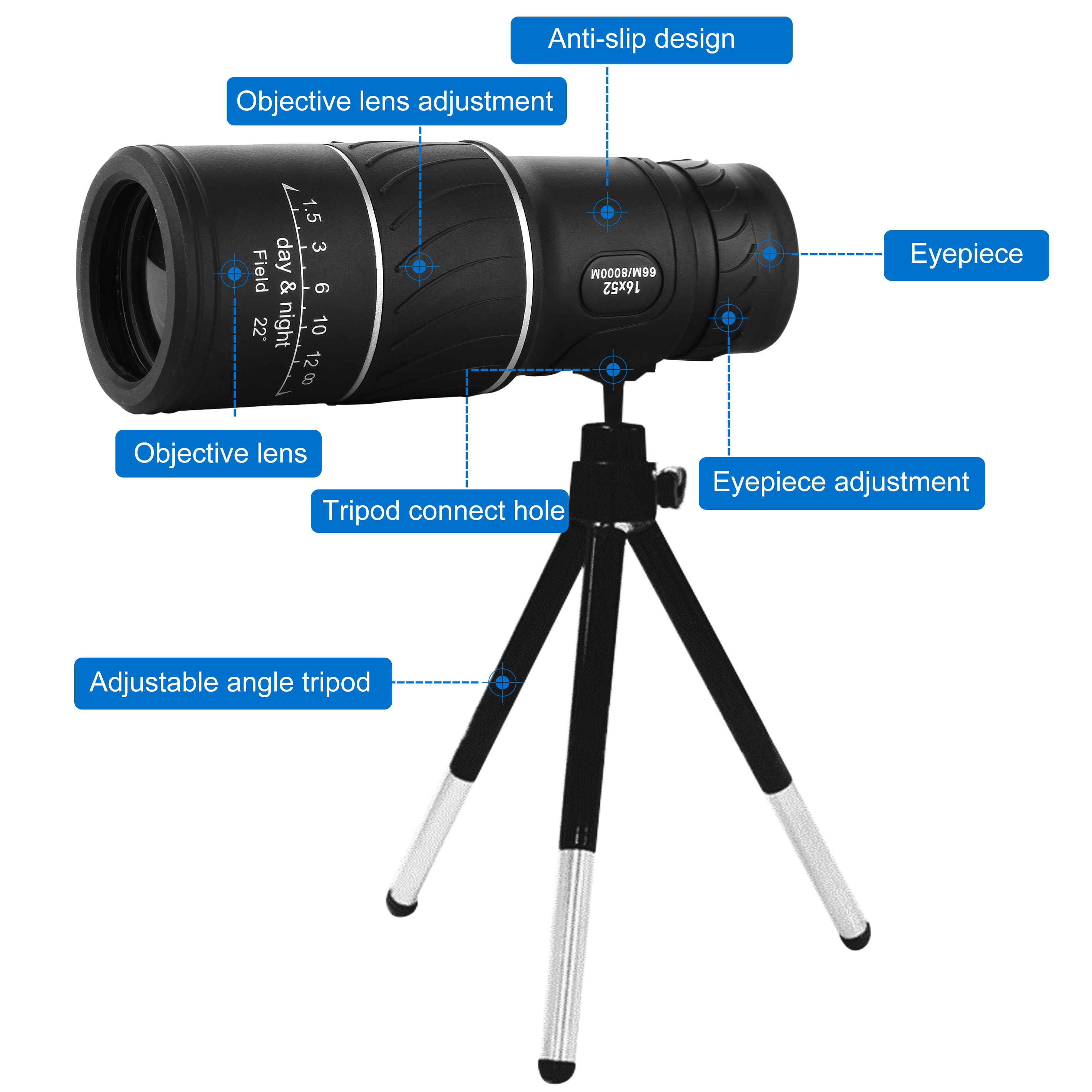 AOBETAK 16x52 Monocular Telescope, High Power Spotting Scopes Equipped With Phone Adaptor and Tripod, Low Light Night Vision Binoculars or Adults Kids Bird Watching Traveling, Outdoors 98m/ 8000m