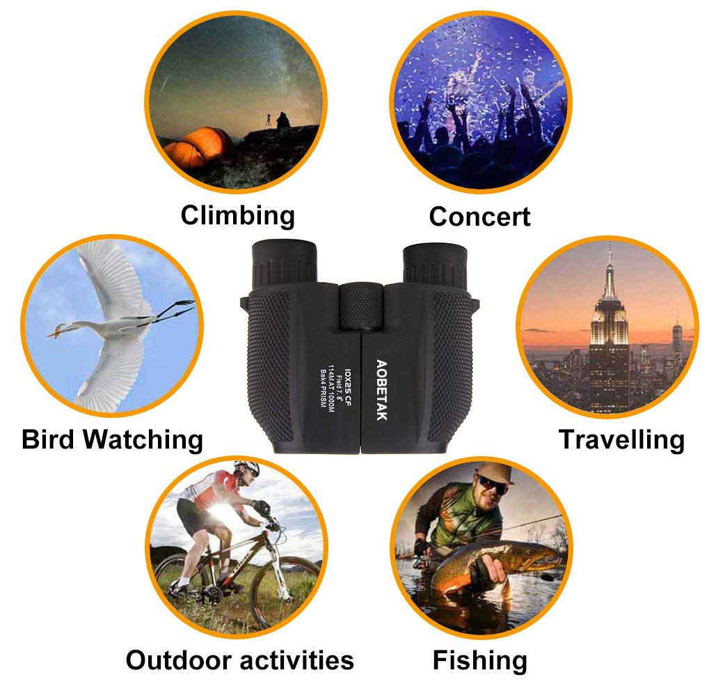 AOBETAK Compact Binoculars for Adults, 10x25 Pocket Size Mini Waterproof Binoculars with Powerful Folding, Small Lightweight Telescope with Cleaning Cloth and Carry Case for Adults Kids Bird Watching