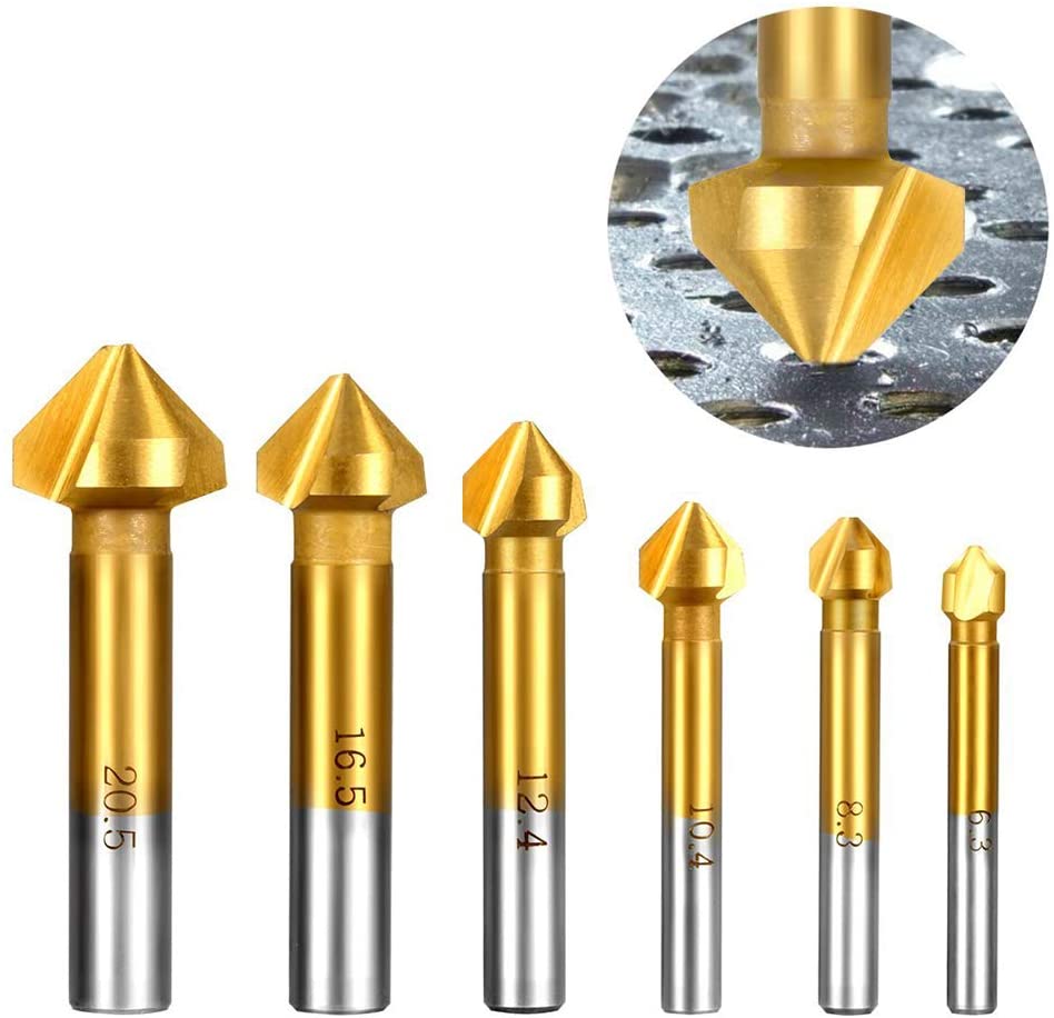 Countersink Drill Bit Set, HSS 4241 90°Three Flute Titanium Coated Metal End Mill for Wood and Soft Metal 6 PCS Chamfer Cutter Include Hole Reamer 6.3-20.5 mm by AOBETAK