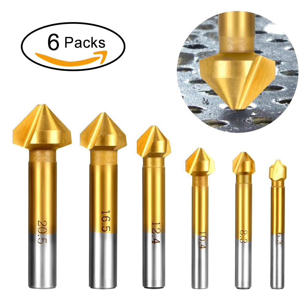 Countersink Drill Bit Set, HSS 4241 90°Three Flute Titanium Coated Metal End Mill for Wood and Soft Metal 6 PCS Chamfer Cutter Include Hole Reamer 6.3-20.5 mm by AOBETAK