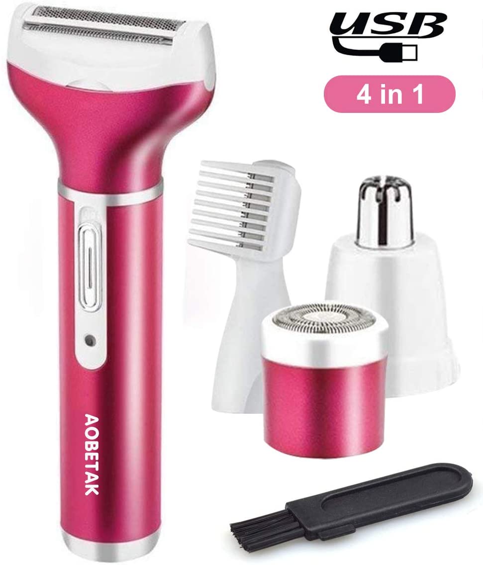 Electric Lady Shaver,AOBETAK USB Rechargable 4 in 1 Ladies Bikini Trimmer,Wet and Dry Female Face & Body Hair sharvers,Womens Precision Remover for Underarm Arms Legs Armpit Eyebrow Kimferd Nose