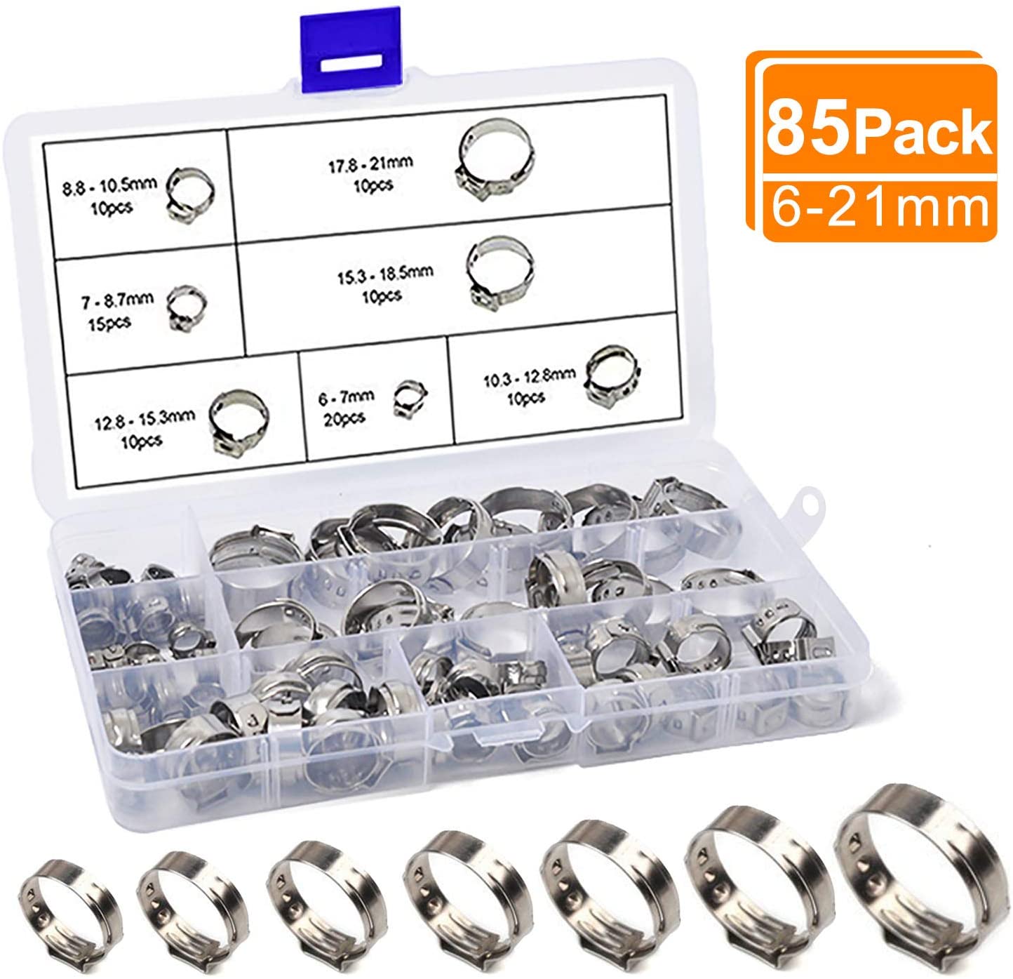 Pipes Hose Clips, AOBETAK 85 PCS 6-21mm Hose Pipe Clamp,304 Stainless Steel Adjustable Single Ear Stepless Clamps Rings, with Storage Case