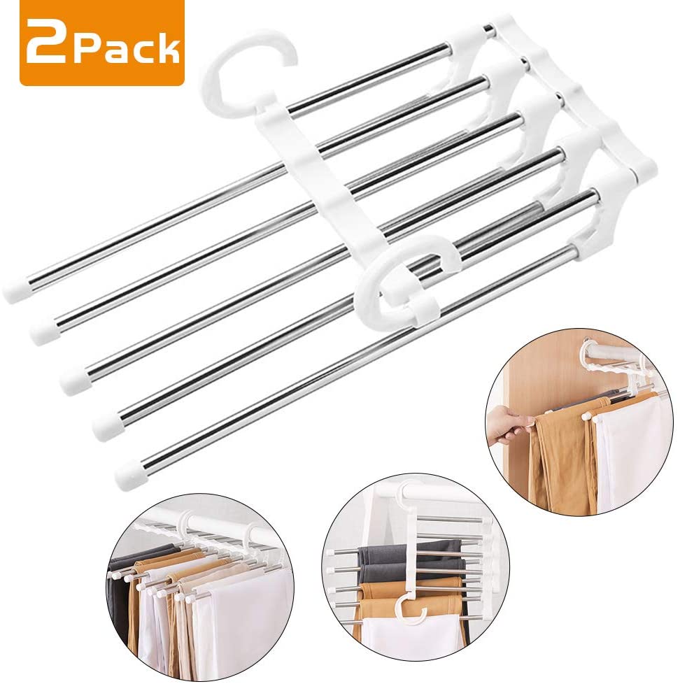 AOBETAK Trouser Hangers Space Saving 2 Pack 5 in 1 Heavy Duty Foldable Multi Non Slip Pants Hangers with Stainless Steel Rack for Scarves Jeans Pants Tie Belt Clothes Trousers Towels (White)